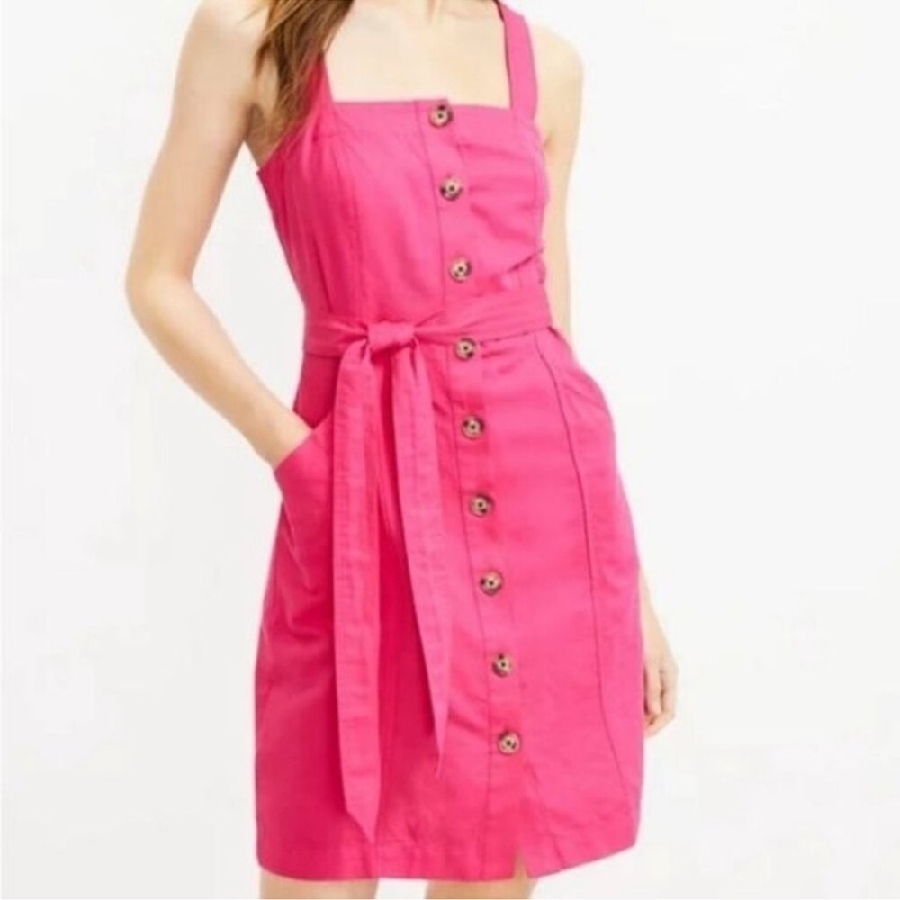 LOFT women’s pink linen button front tie waist dress
Size 12